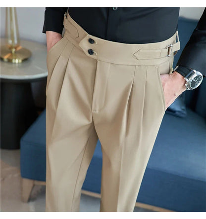 British Style Autumn New High Waist Trousers Men Belt Design Slim Fit Suit Pants Office Social Wedding Party Formal Pants Hommes