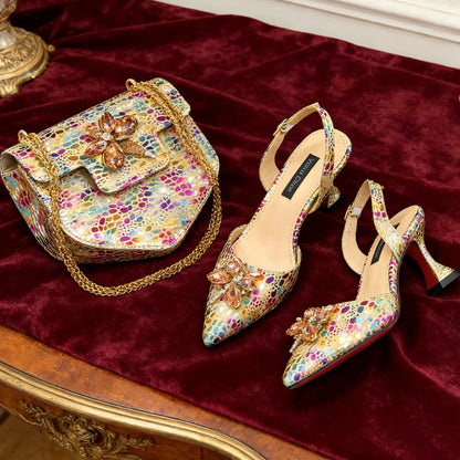 2026 Gold Color Thin Heels Pointed Toe Crystal Design Ladies Shoes Matching Bag Set For Women Weeding Party Pump
