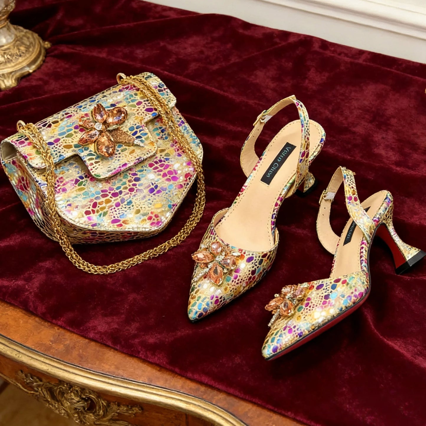 Elegant Rhinestone Heels & Matching Bag Set, Colorful Print Pointed Toe Block Heels for Banquet Club Night