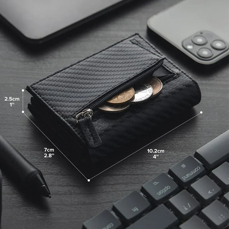Carbon Fiber & Aluminum Men's Bifold Wallet, RFID Blocking Automatic Pop-Up Card Holder with Coin Compartments, Slim Money Purse