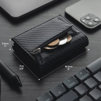 Carbon Fiber & Aluminum Men's Bifold Wallet, RFID Blocking Automatic Pop-Up Card Holder with Coin Compartments, Slim Money Purse