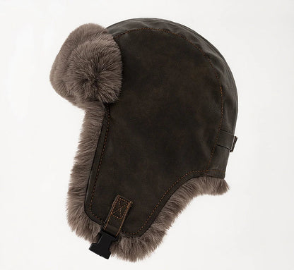 Men Winter Bomber Hat Outdoor Motorcycle Windproof Thicken Warm Faux Fur Pilot Earflap Hat Leather Thermal Ushanka