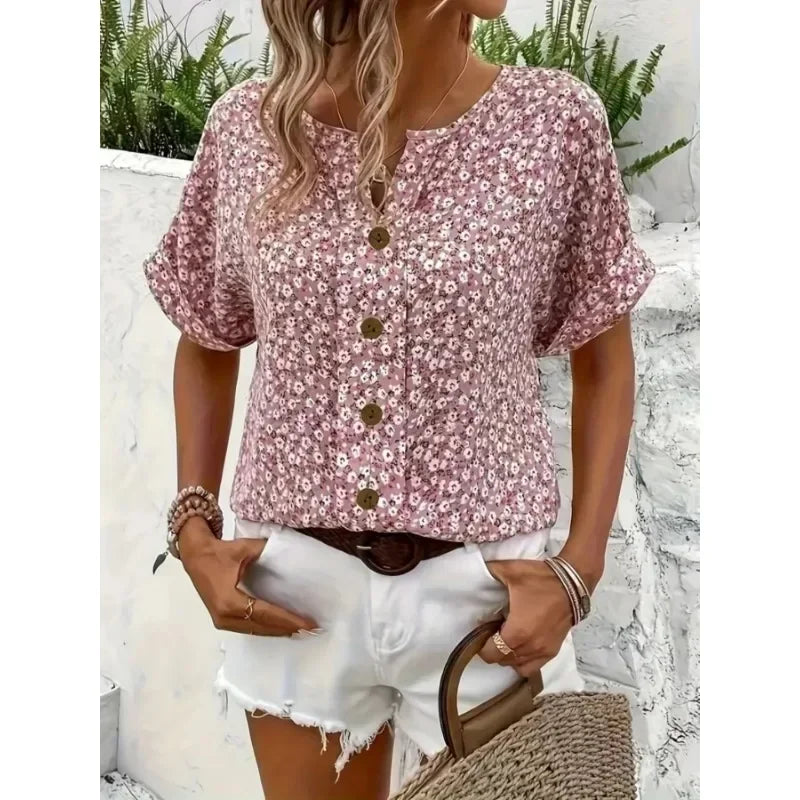 Plus Size Women's Shirts 2025 Spring Summer New Fashion Casual Floral Printing V-Neck Short Sleeve Blouses Korean Style Clothing