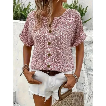 Plus Size Women's Shirts 2025 Spring Summer New Fashion Casual Floral Printing V-Neck Short Sleeve Blouses Korean Style Clothing