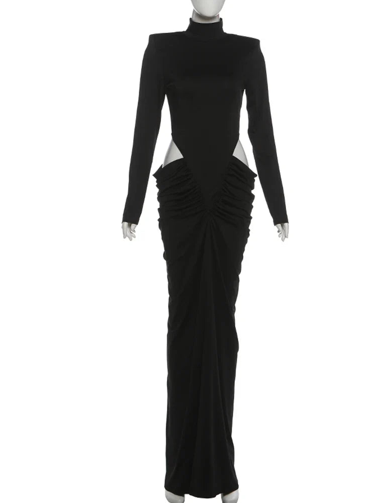 Nibber Hipster Waistless Ruched Elegant Dress Woman Autumn Style Turtleneck Full Sleeve Hollow Design Prom Party Long Bodycon