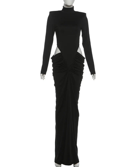 Nibber Hipster Waistless Ruched Elegant Dress Woman Autumn Style Turtleneck Full Sleeve Hollow Design Prom Party Long Bodycon