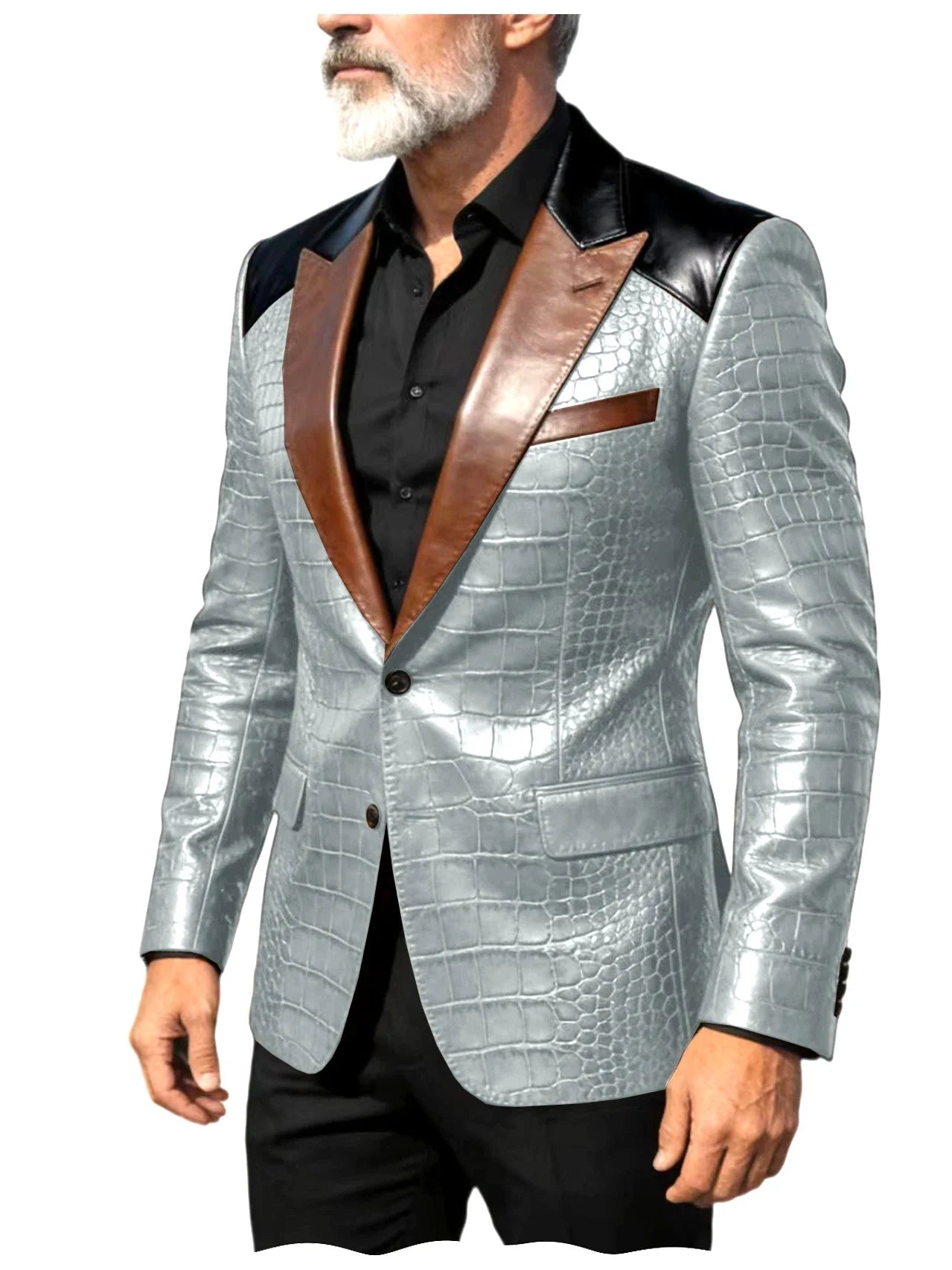 Men's Crocodile Embossed Leather Blazer Luxury Patchwork PU Leather Suit Jacket Slim Fit Peaked Lapel Casual Business Outerwear