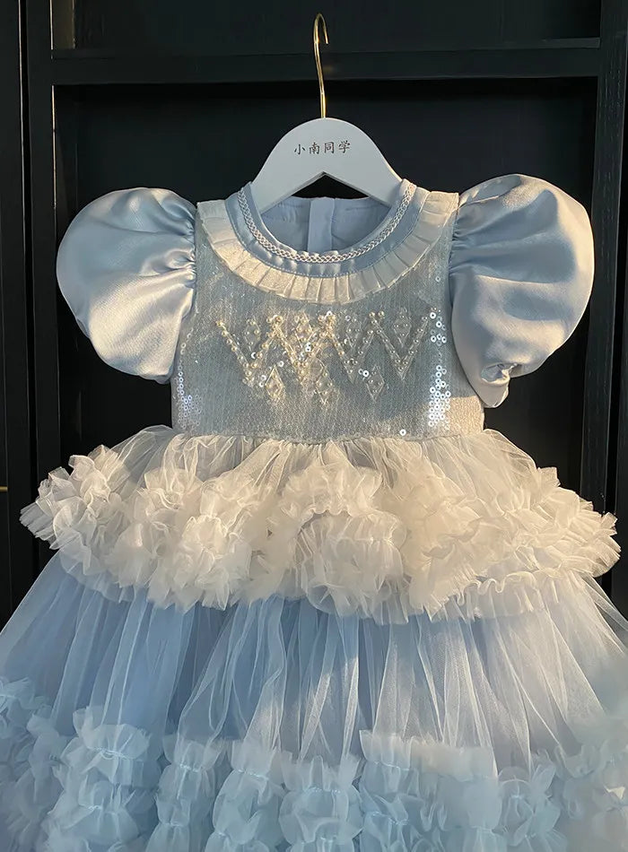 Sweet Little Girls Spring and Summer New Heavy Princess Gown Childrens Puff Sleeve Pearl Sequined Mesh Birthday Party Cake Dress