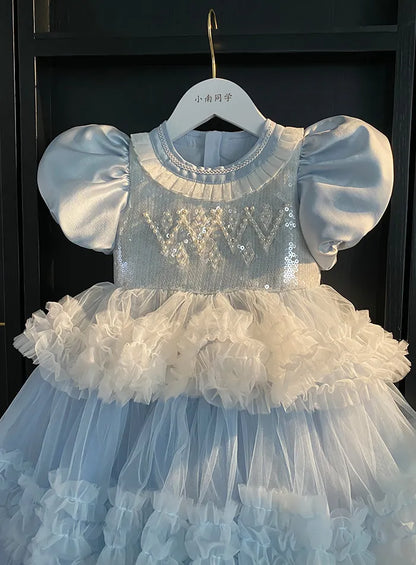 Sweet Little Girls Spring and Summer New Heavy Princess Gown Childrens Puff Sleeve Pearl Sequined Mesh Birthday Party Cake Dress