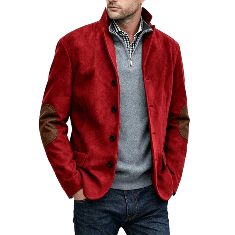 Vintage Men's Suede Blazer Notch Lapel Elbow Patches Slim Fit Jacket Business Casual Men Fashion Outerwear for Spring Autumn
