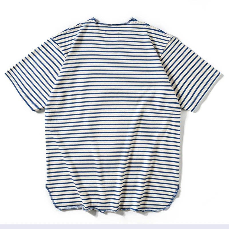 Summer men's pure cotton T-shirt, retro striped V-neck T-shirt from the United States, fashionable and versatile casual style