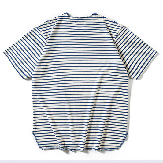 Summer men's pure cotton T-shirt, retro striped V-neck T-shirt from the United States, fashionable and versatile casual style