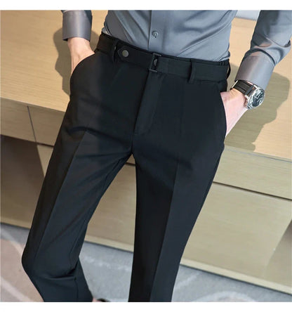 Fashion Belt Decoration Design Men's Suit Pants High Quality Business Slim Fit Casual Straight Formal Wedding Party Trousers