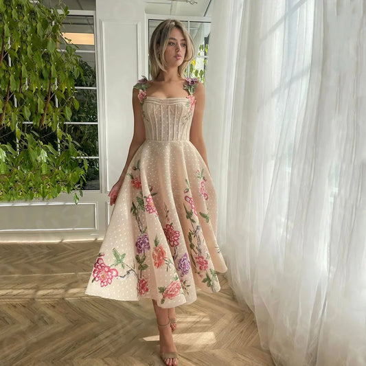 Customized Vintage Pink Prom Dresses Tea Length Wedding Party Dresses Short Appliqued Little Party Gowns Corset Back with Straps
