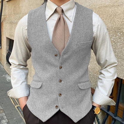 Men Vest Blue Herringbone Solid Color Single Button Waistcoat For Wedding Business Banquet Work Formal Men Suit Vest