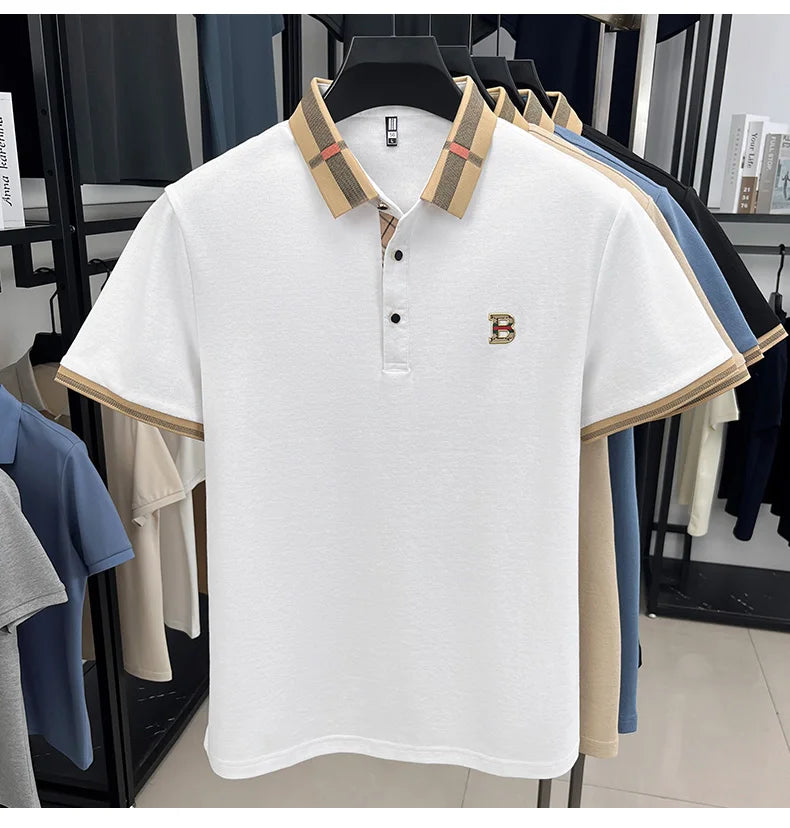 Summer men's light luxury brand letter printed short sleeved T-shirt Polo shirt breathable striped collar business casual top