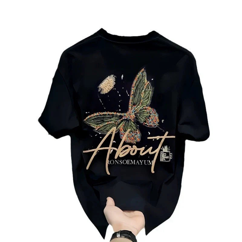 Men's Cotton  T-shirts 5XL  WhiteT Shirtfor Men Casual Summer Wear Fashion Butterfly Print Tee Shirts Black Men Clothing