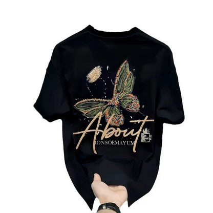 Men's Cotton  T-shirts 5XL  WhiteT Shirtfor Men Casual Summer Wear Fashion Butterfly Print Tee Shirts Black Men Clothing