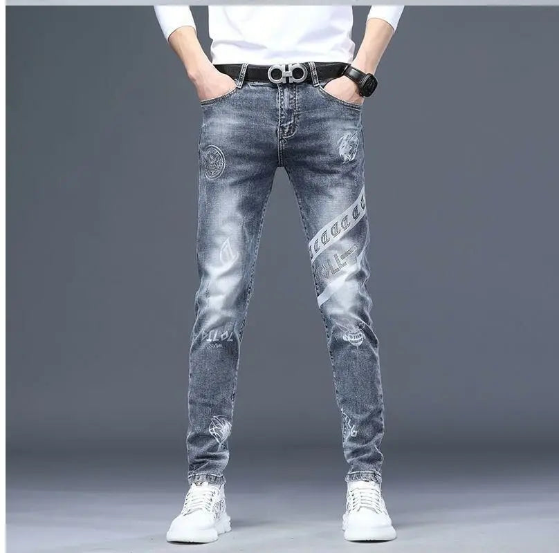 High End Stylish Classic Distinctive Printed Black Stretch Denim Jeans for Men High Quality Slim Fit Stretch Luxury Denim Pants