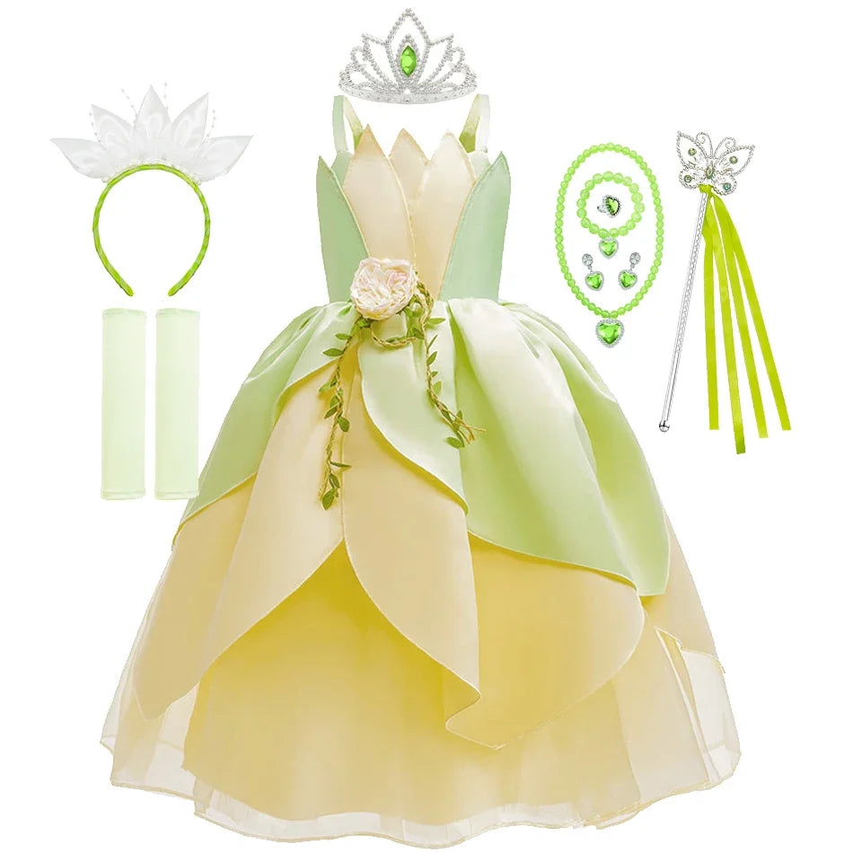 Tiana Fancy Girls Princess Costume Kid Carnival Dress Cosplay Floral LED Light Up Clothing Halloween Girls Christmas Party 2-11T