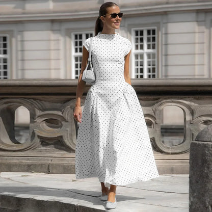 White Polka Dot Long Dress Summer Sexy High-Waisted Vintage Print Sleeveless Dress Casual Party Vacation New Women Dress