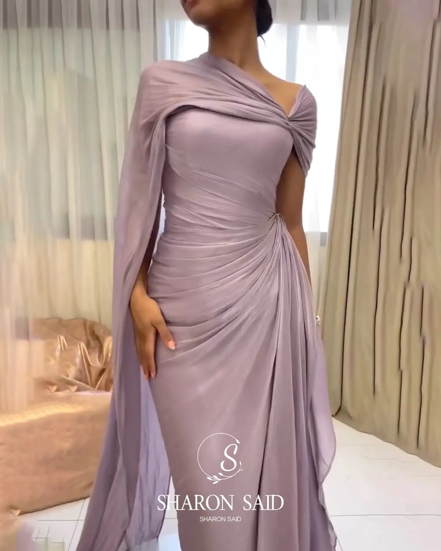 2026 Women's Elegant Evening Dresses with Draped Cape Formal Birthday Gown Pink One Shoulder Arabic SF199 Customized