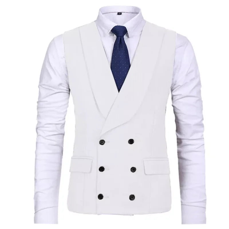 Men Vest Gray Double Breasted Casual Business Waistcoat Jacket Formal Slim For Groosmen Wedding Banquet Suit