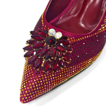 2024 Italian Design Rhinestone Luxury Wine Colour Pointed Toe Shoe & Bag Set Women's High Heels for Parties By Venus Chan