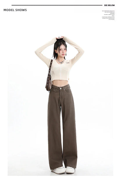 Baggy High Street Fashion Straight brown Jeans for Women's Y2k High Waist Female Clothing Solid Color Casual Wide Denim Trousers