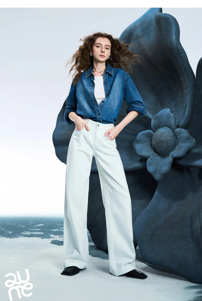 Women Denim Jeans 2025 Spring New Acetate Wide Leg Mid Low Waist Slim Fit Straight Wide Leg Pants