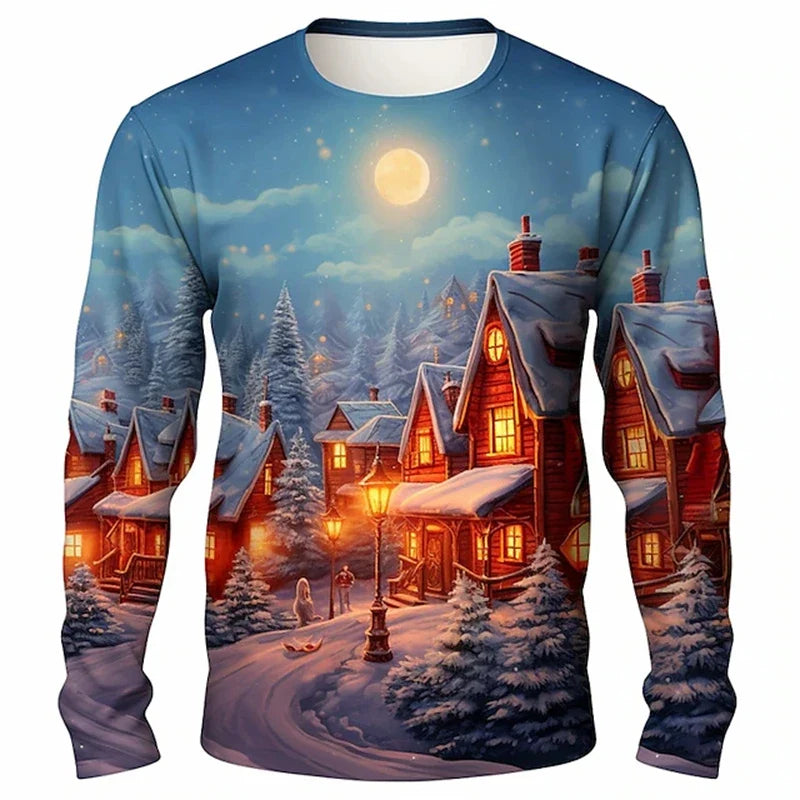 New Fun Christmas Long Sleeve T-Shirt Santa Claus Pattern Sweatshirt Men Role Play Pullover Boys Round Neck Polyester Sweatshirt