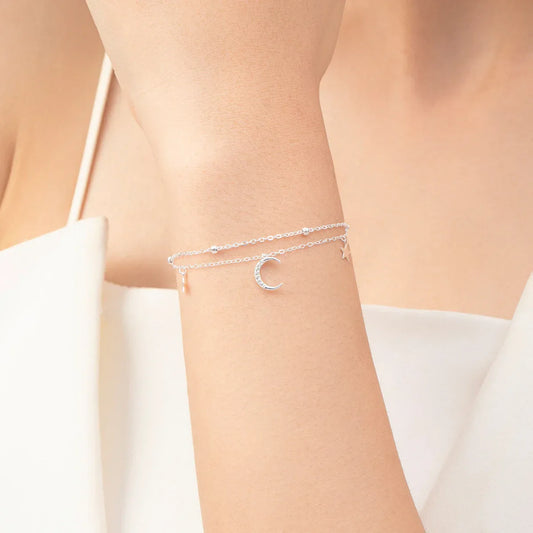 Bracelets en argent sterling 925 avec perles étoiles et lune, double chaîne tendance pour femmes, bijoux fins, cadeaux d'anniversaire