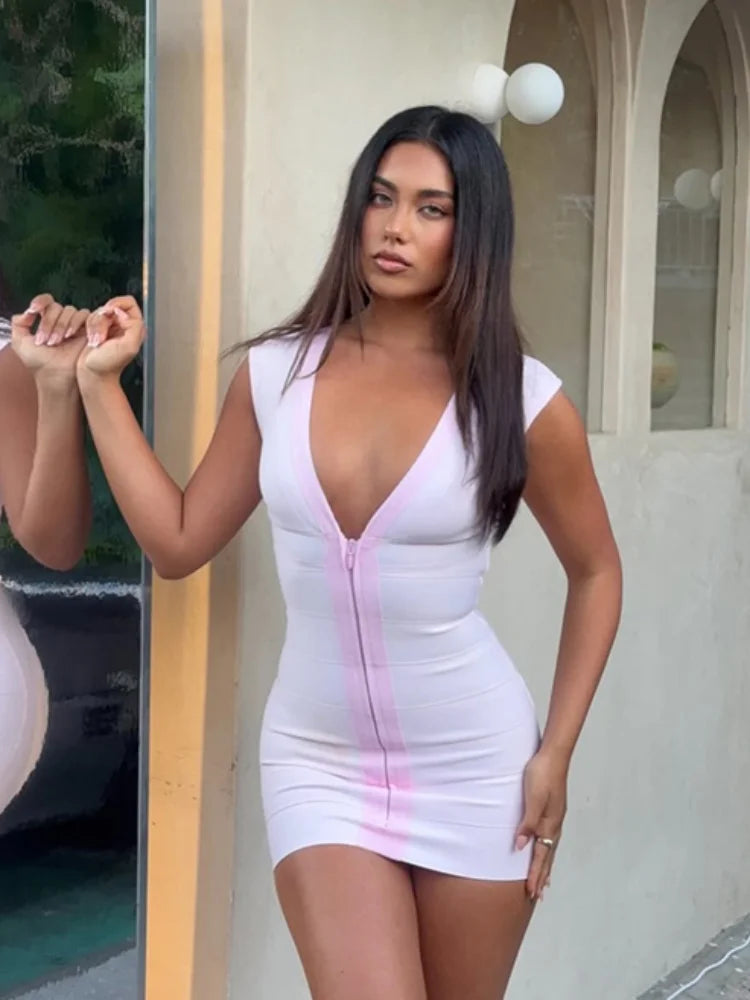 Front Zip V Neck Bandage Mini Dress For Women Sexy Sleeveless Bodycon Skirt Lady's 2026 New Summer Nightclub Dating Party Frock