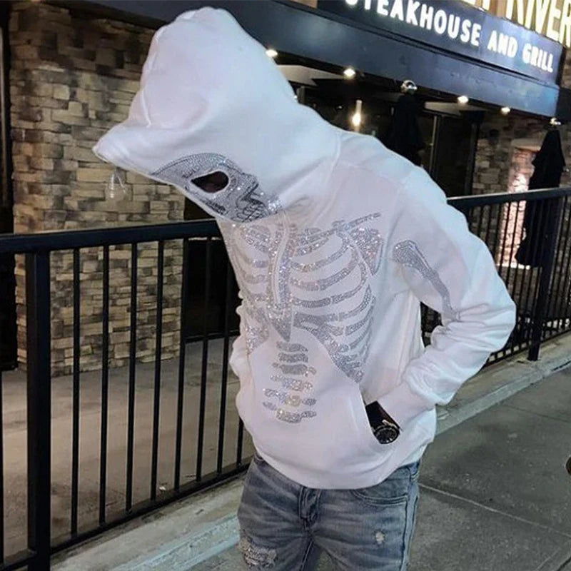 Gothic Long Sleeve Rhinestone Skeleton Hoodie Y2k Jacket Men Hoodies Oversized Full Zip Hoodie Goth Sweatshirt Sport Coat Autumn
