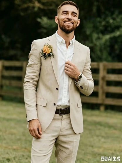 Blue/Beige Linen Wedding Suit for Men 2 Pieces Slim Fit Casual Prom Party Tuxedo Set Summer Men Clothes New Design Suits Outfits