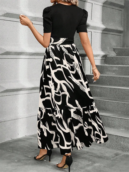 Elegant Floral Print Round Neck Long Dresses Women Short Sleeve High Waist Lace-up Office Lady Holiday Party Dresses Vestidos