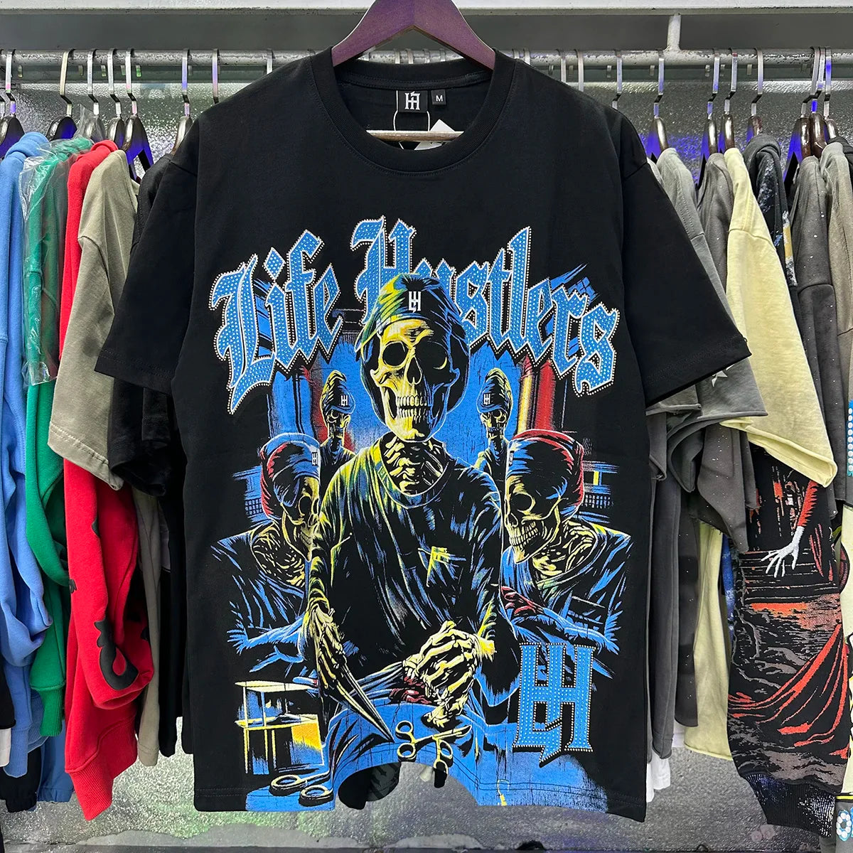Masked Tattoo Angel Gun Diamond Short Sleeve Tshirts for Men and Women Crew Neck Cotton Summer Top Tees Oversized