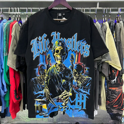 Masked Tattoo Angel Gun Diamond Short Sleeve Tshirts for Men and Women Crew Neck Cotton Summer Top Tees Oversized