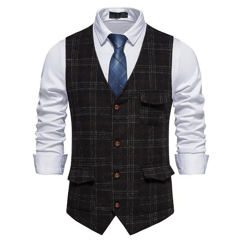 Man Waistcoat British Style Plaid Single-breasted Men Suit Vest Retro Slim V-neck Sleeveless Pocket Male Casual Vest