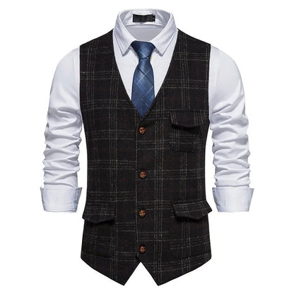 Man Waistcoat British Style Plaid Single-breasted Men Suit Vest Retro Slim V-neck Sleeveless Pocket Male Casual Vest