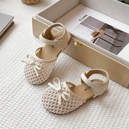 Girl's Sandals Breath-mesh Braided Adorable Summer Kids Sliders Bowtie Beige Sliver Round Toe All-match Childern Shoes 23-33