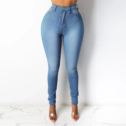 Skinny Pencil Jeans for Women High Waisted Casual Elegant Office Denim Pants Blue White Black Elastic Jeans Woman