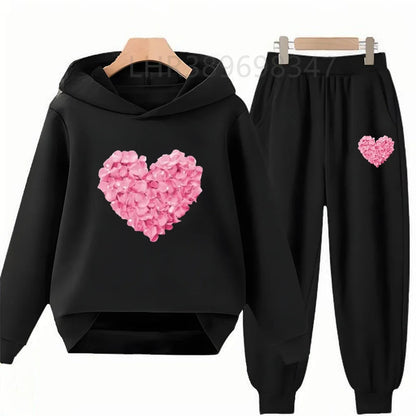 Heart-Shaped Children's Hoodies Suit Top+Bottom Girls Pink Boy Black Age 3-12 Coat Casual Toddler Long Sleeves Autumn Clothing
