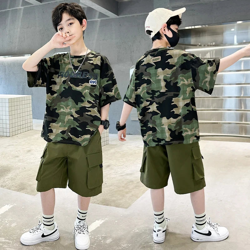 Kids Summer Set Causal Camouflage Sportswear Two Piece Clothing Set for Teenage Boy Short Sleeve T-shirt Shorts Tracksuit Outfit