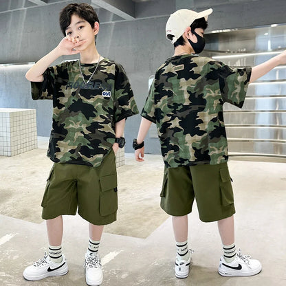 Kids Summer Set Causal Camouflage Sportswear Two Piece Clothing Set for Teenage Boy Short Sleeve T-shirt Shorts Tracksuit Outfit