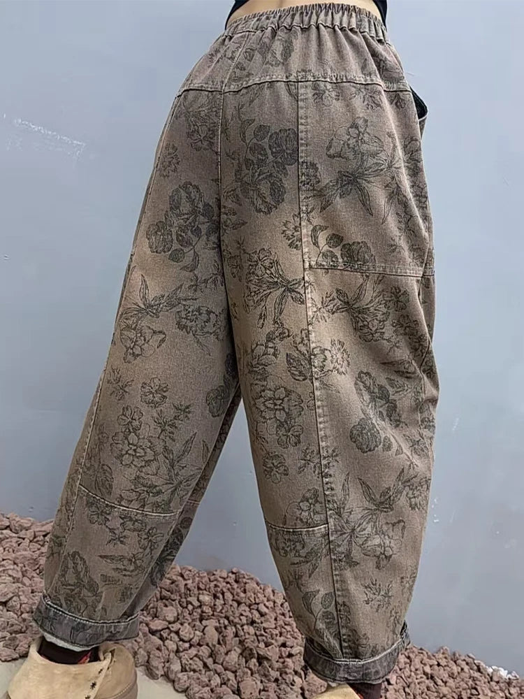 2025 Floral Spring Ladies Printed Classic Elegant Harem Pants Casual Fashion Jeans Vintage Loose Women Denim Trousers