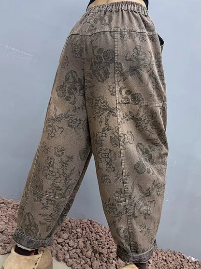 2025 Floral Spring Ladies Printed Classic Elegant Harem Pants Casual Fashion Jeans Vintage Loose Women Denim Trousers