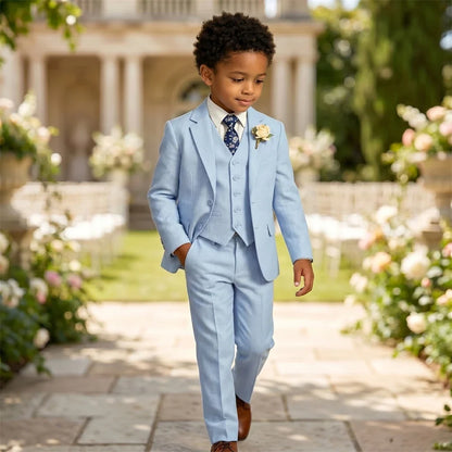 Boy's Linen Suit , 4 Piece Regular Fit Tuxedo for Kids, Jacket Vest Pants Tie Communion Piano Preformance Ring Bearer Suits