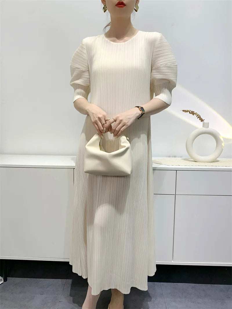 Miyake Pleated Dress 2024 Summer New Round Neck Loose and Comfortable A-line Short Sleeve Maix Dress