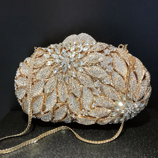 Gold Metal Leaves White Crystals Evening Clutch Bags Luxury Women Wedding Party Purse Ball Handbags Rhinestone Mini Shell Bag
